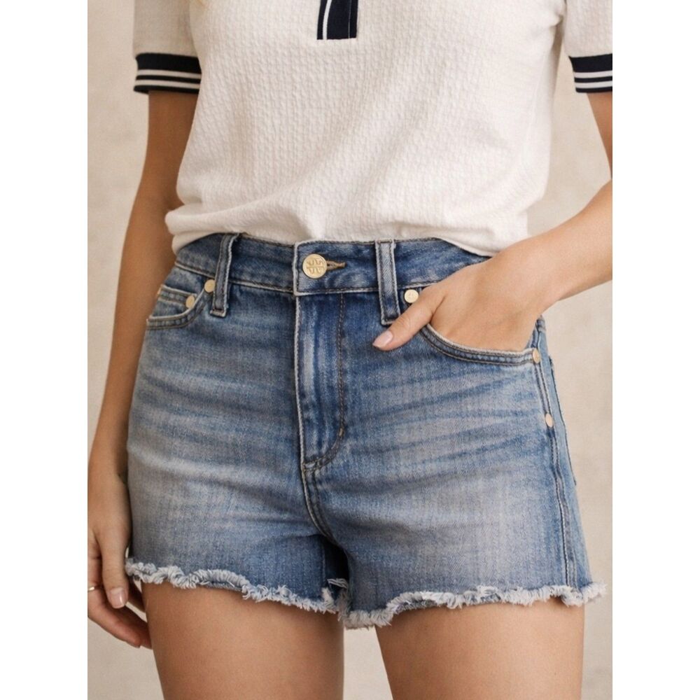 Tory Burch Denim Shorts Size 26 Blue Frayed Hem Stretch Preppy Designer Logo
